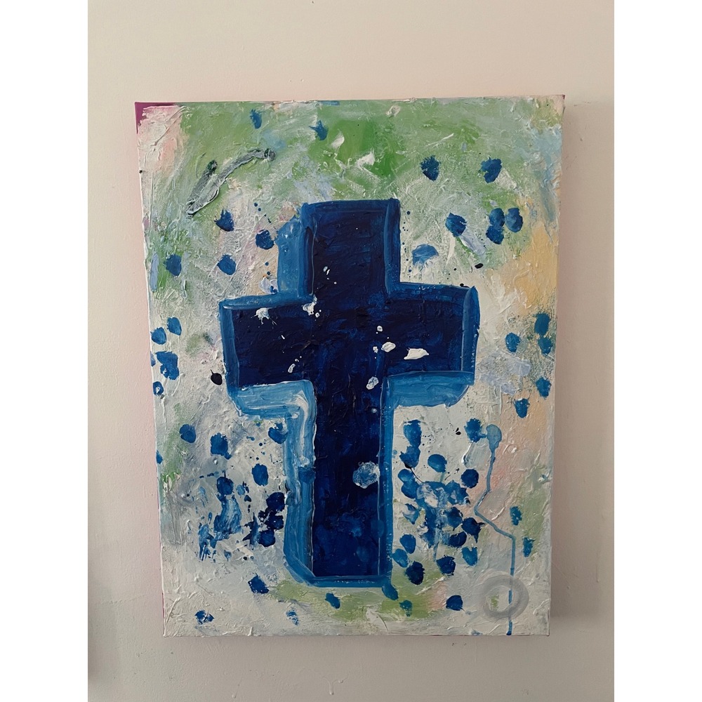 Original Abstract Blue Cross Spiritual Gallery Painting 18x24 Textured Canvas